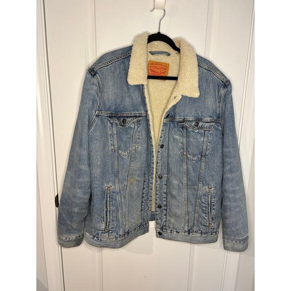 Levi’s Sherpa Trucker Denim Jacket Light Wash Shearling Lined Men’s XXL - Picture 2 of 7